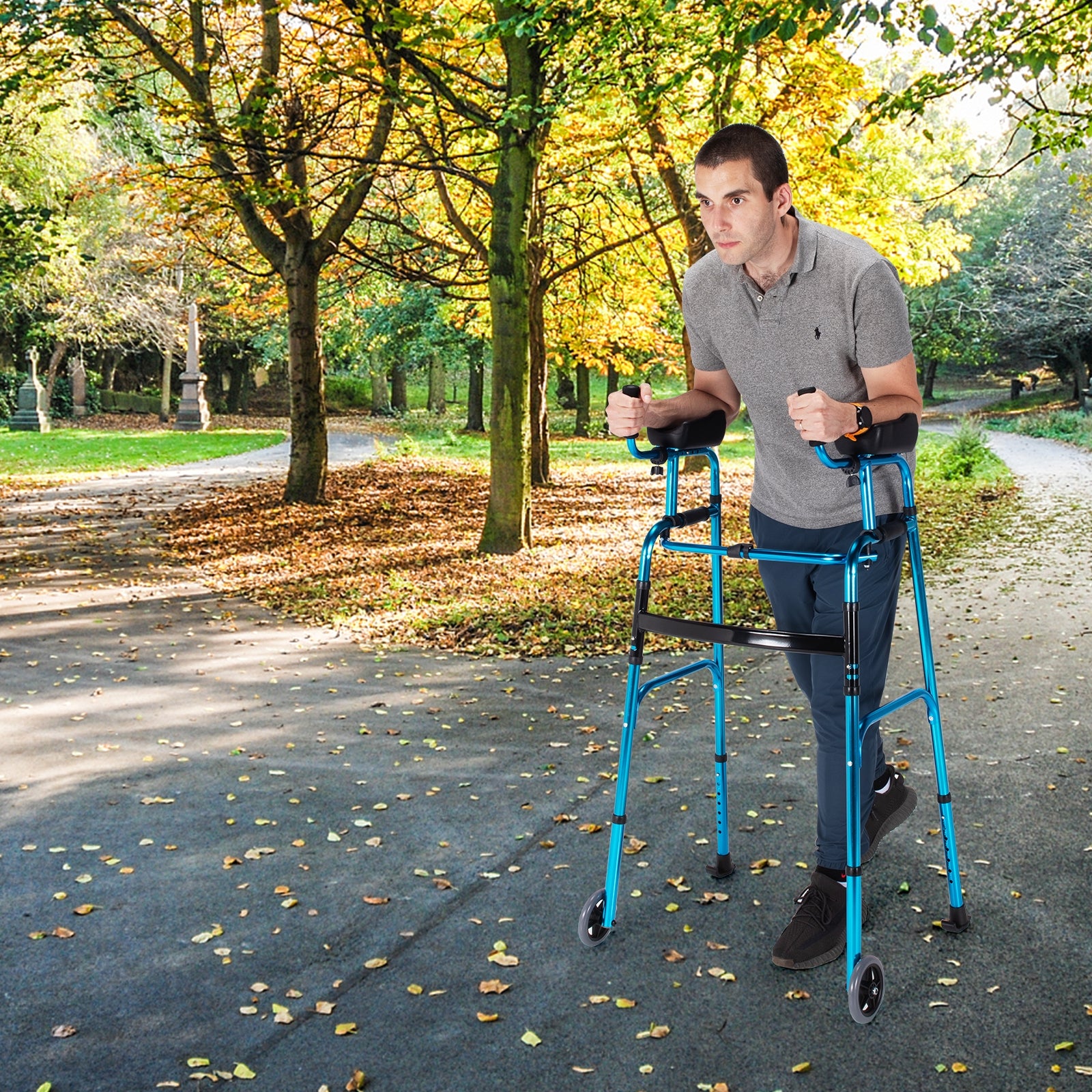 Folding Adjustable Aluminum Wheel Walking Frame-Navy