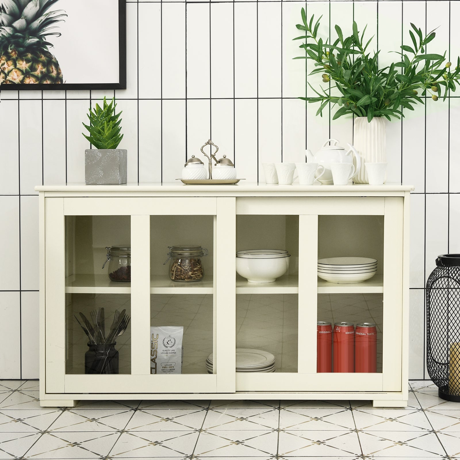 Sideboard Buffet Cupboard Storage Cabinet with Sliding Door-Antique White