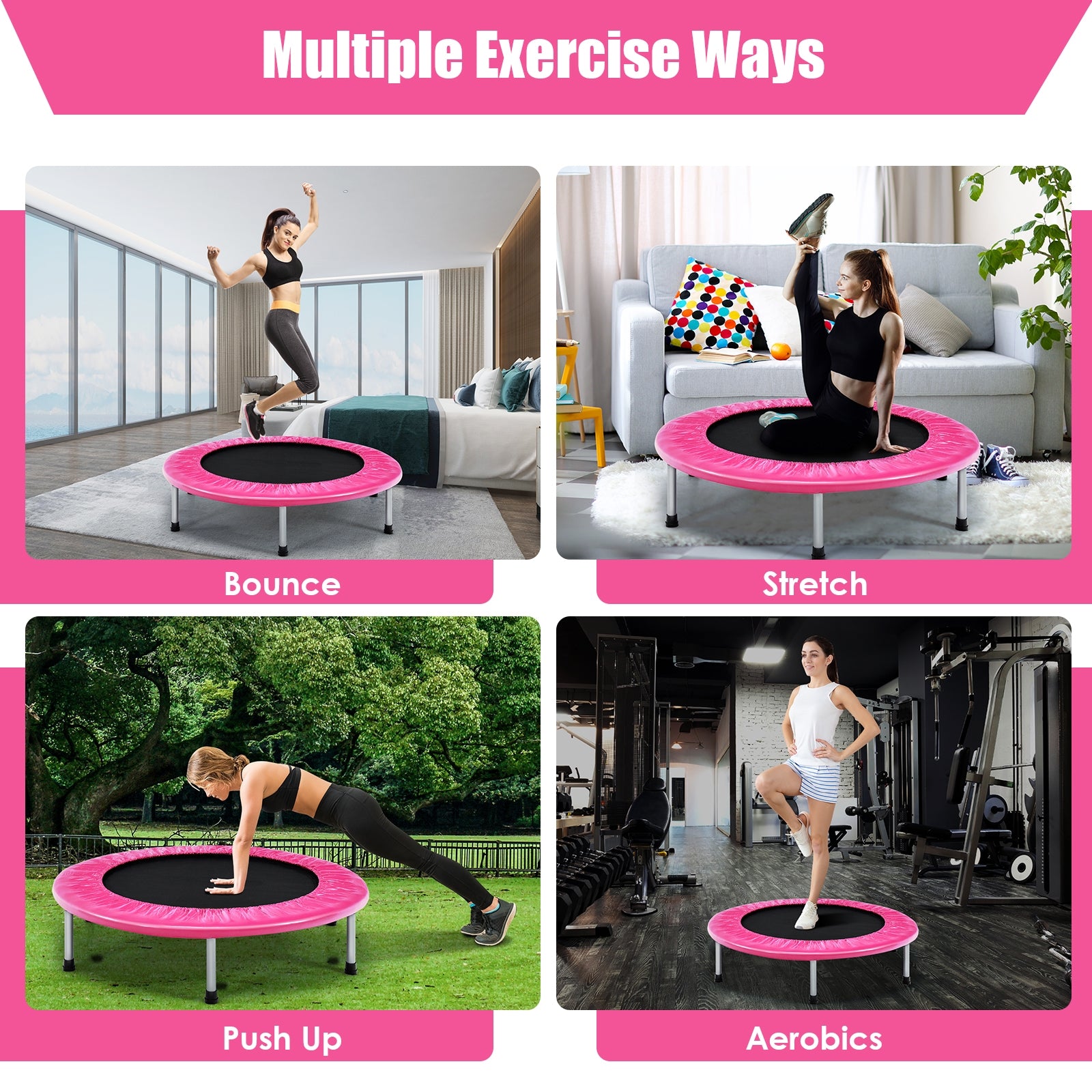 38 Inch Mini Folding Trampoline Portable Leisure Fitness Backboard-Pink