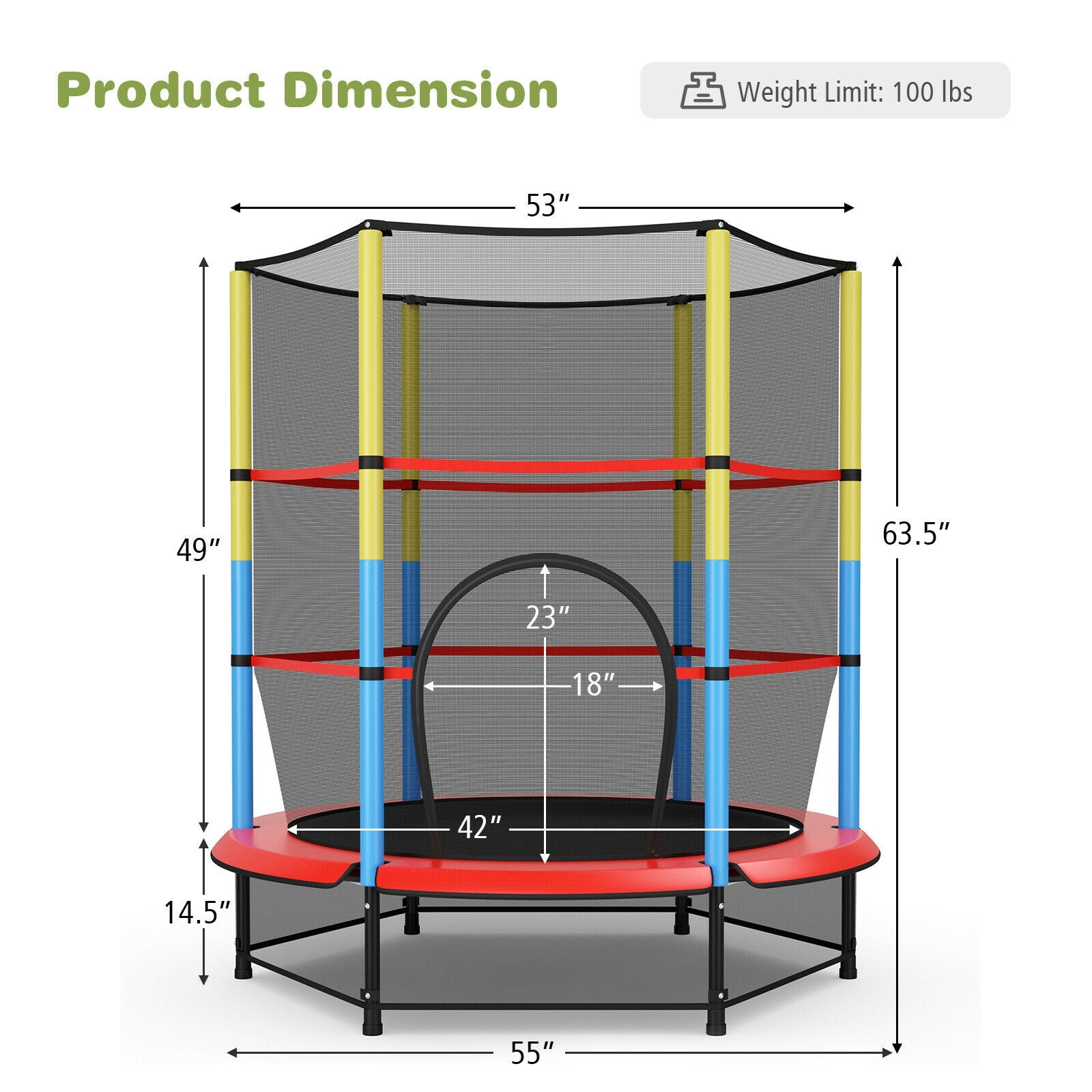 55 Inches Kids Trampoline Recreational Bounce Jumper with Safety Enclosure Net