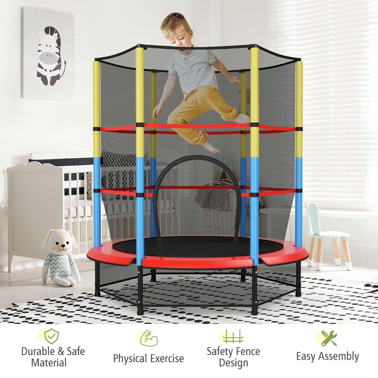 55 Inches Kids Trampoline Recreational Bounce Jumper with Safety Enclosure Net