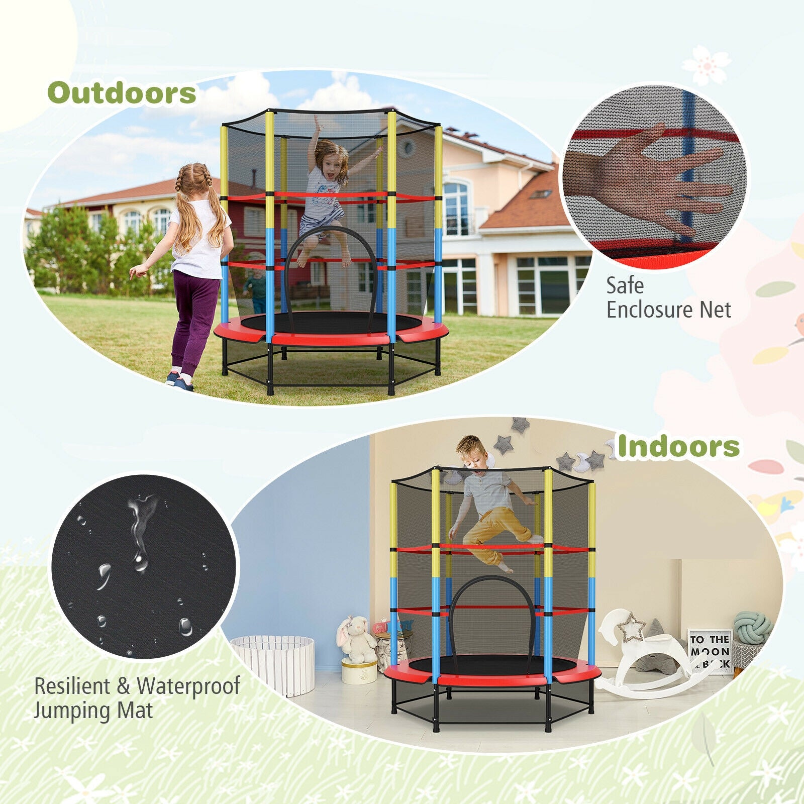 55 Inches Kids Trampoline Recreational Bounce Jumper with Safety Enclosure Net