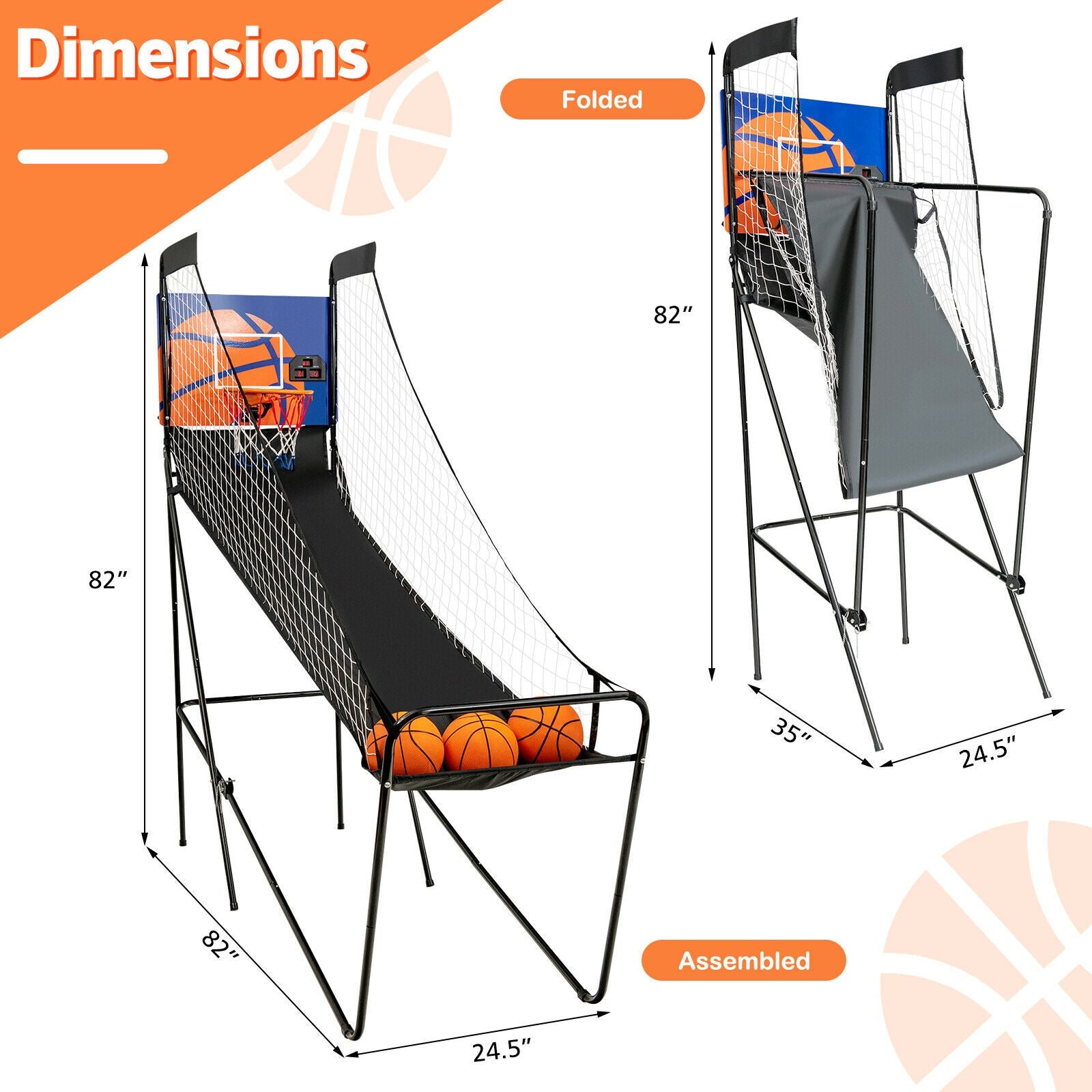 Foldable Single Shot Basketball Arcade Game with Electronic Scorer and Basketballs 