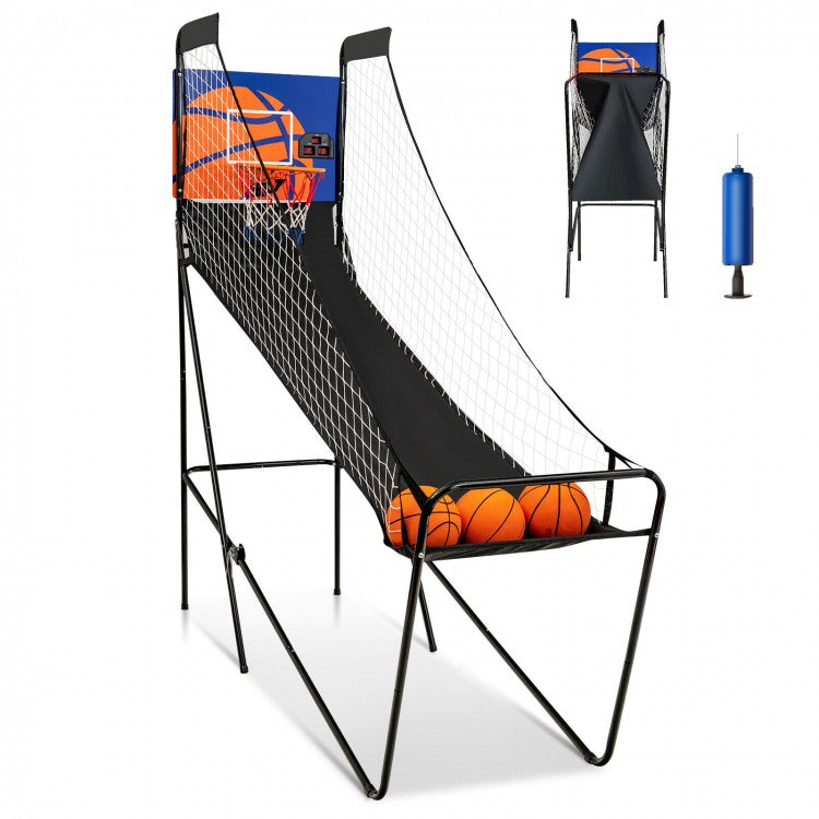 Foldable Single Shot Basketball Arcade Game | Electronic Scoring Basketball Hoop with 3 Basketballs & Pump