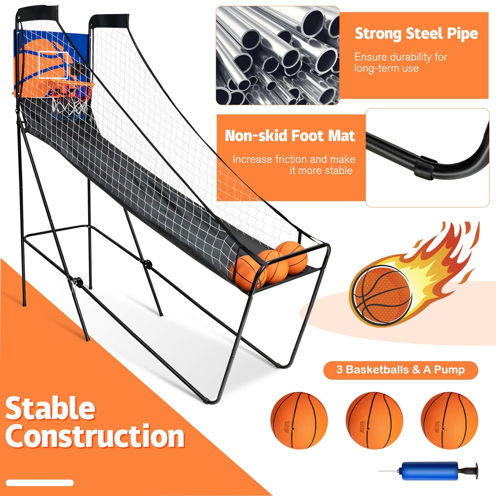 Foldable Single Shot Basketball Arcade Game with Electronic Scorer and Basketballs 