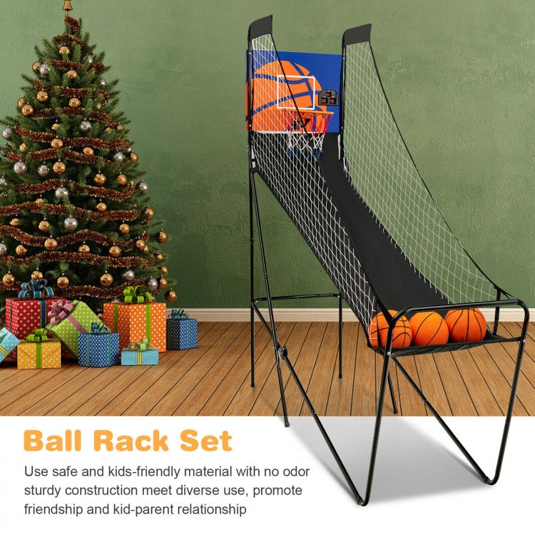 Foldable Single Shot Basketball Arcade Game | Electronic Scoring Basketball Hoop with 3 Basketballs & Pump