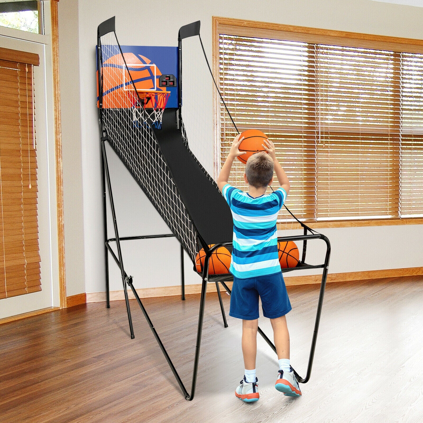 Foldable Single Shot Basketball Arcade Game with Electronic Scorer and Basketballs 