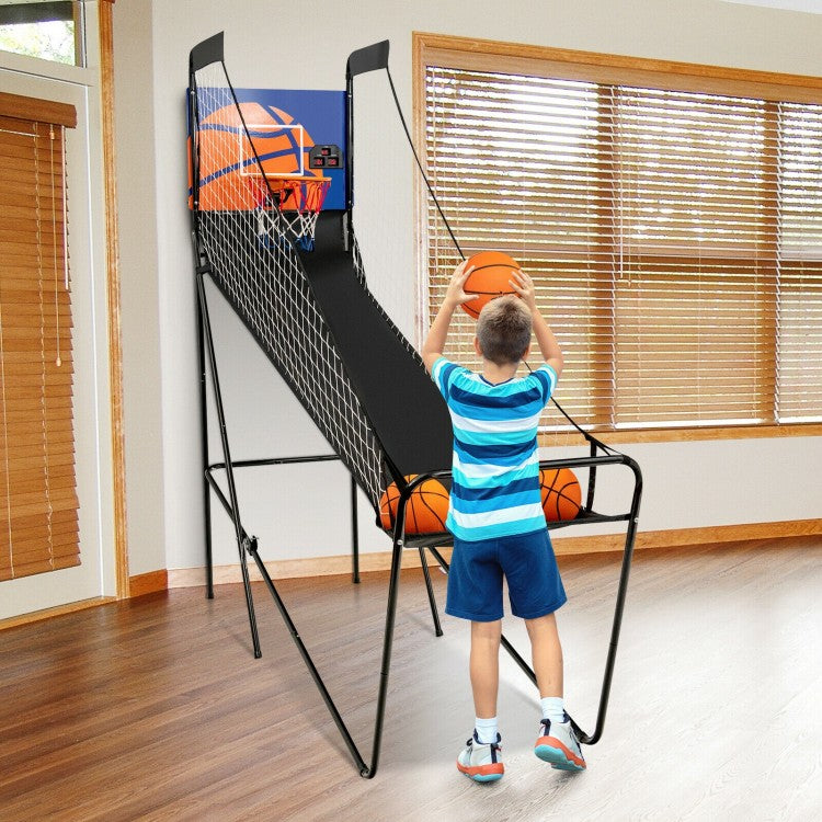 Foldable Single Shot Basketball Arcade Game | Electronic Scoring Basketball Hoop with 3 Basketballs & Pump