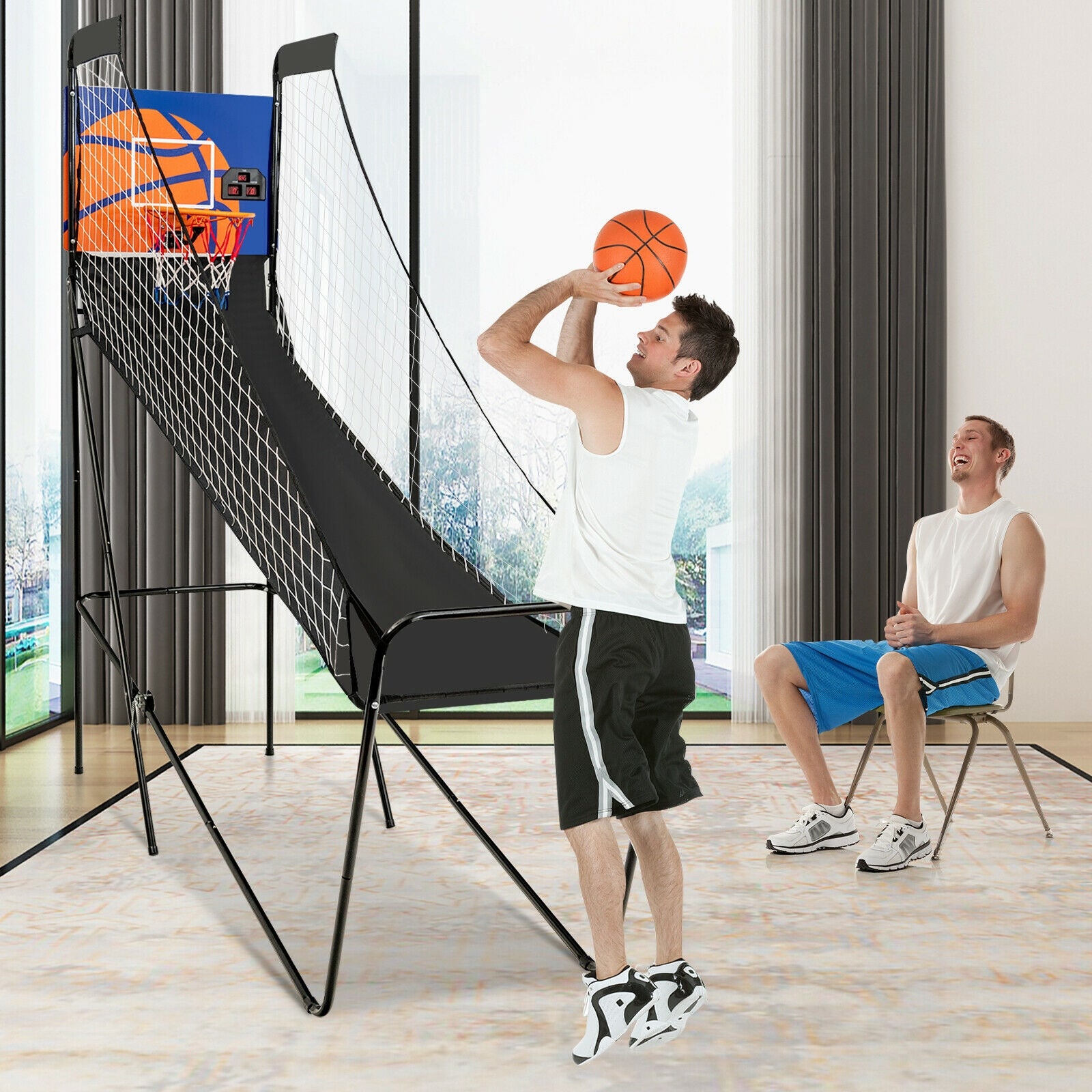 Foldable Single Shot Basketball Arcade Game with Electronic Scorer and Basketballs 