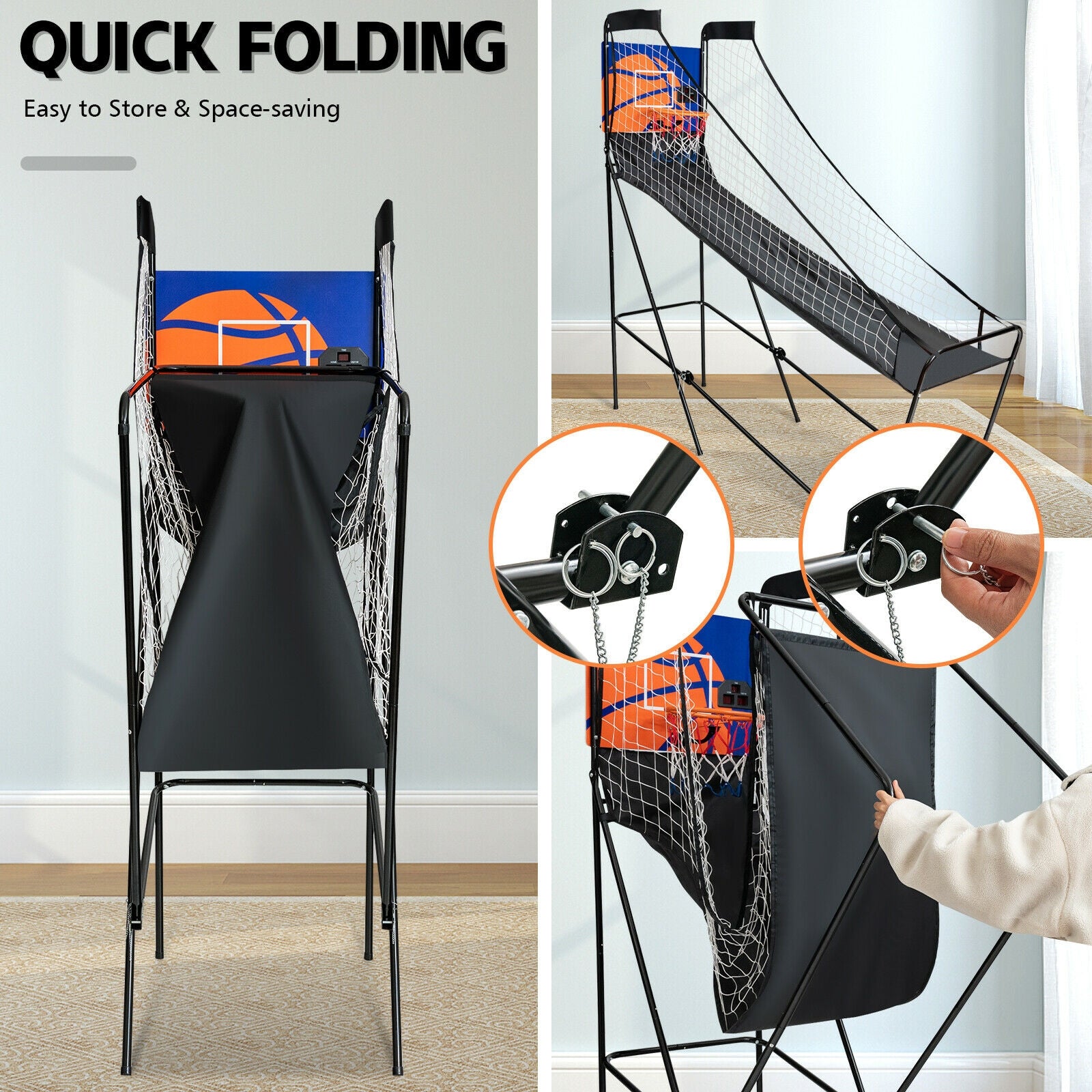 Foldable Single Shot Basketball Arcade Game with Electronic Scorer and Basketballs 