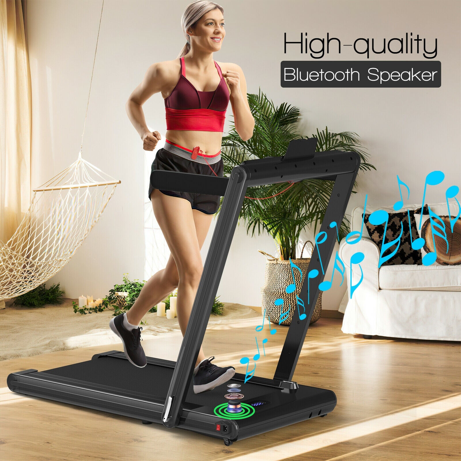 2-in-1 Folding Treadmill 2.25HP Jogging Machine with Dual LED Display-Black