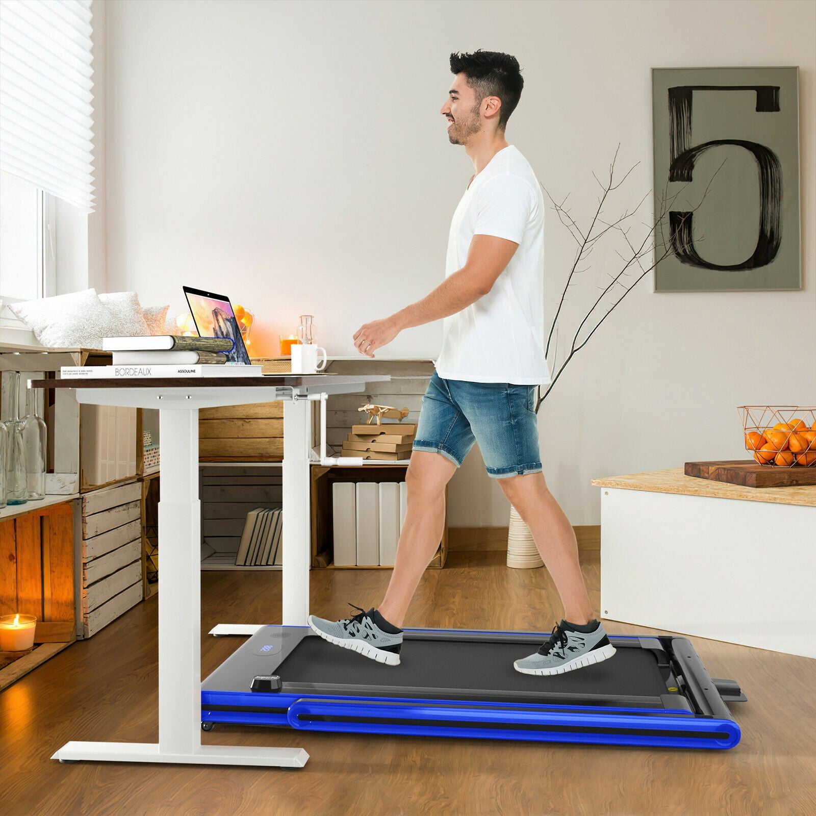 2-in-1 Folding Treadmill 2.25HP Jogging Machine with Dual LED Display-Navy