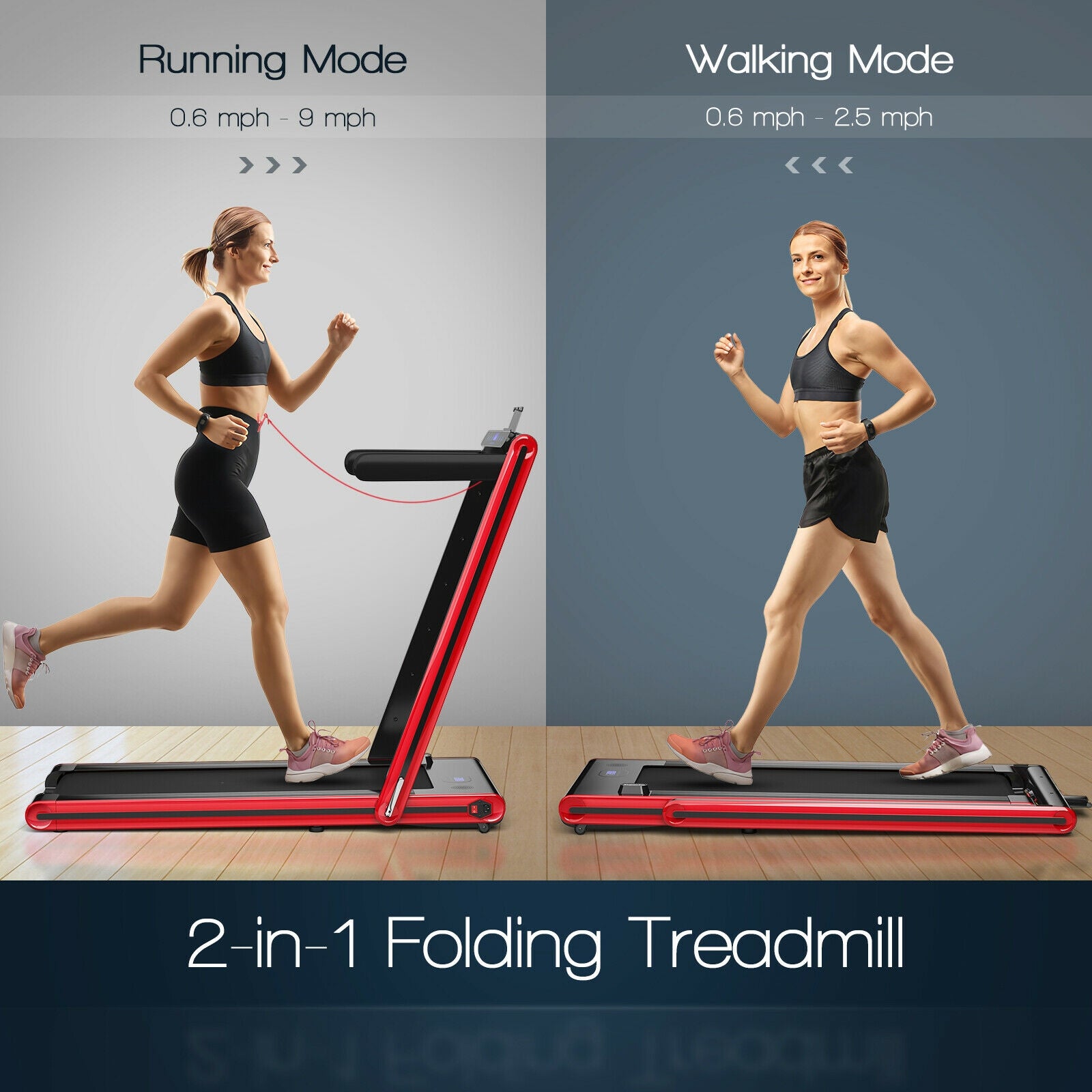 2-in-1 Folding Treadmill 2.25HP Jogging Machine with Dual LED Display-Red 