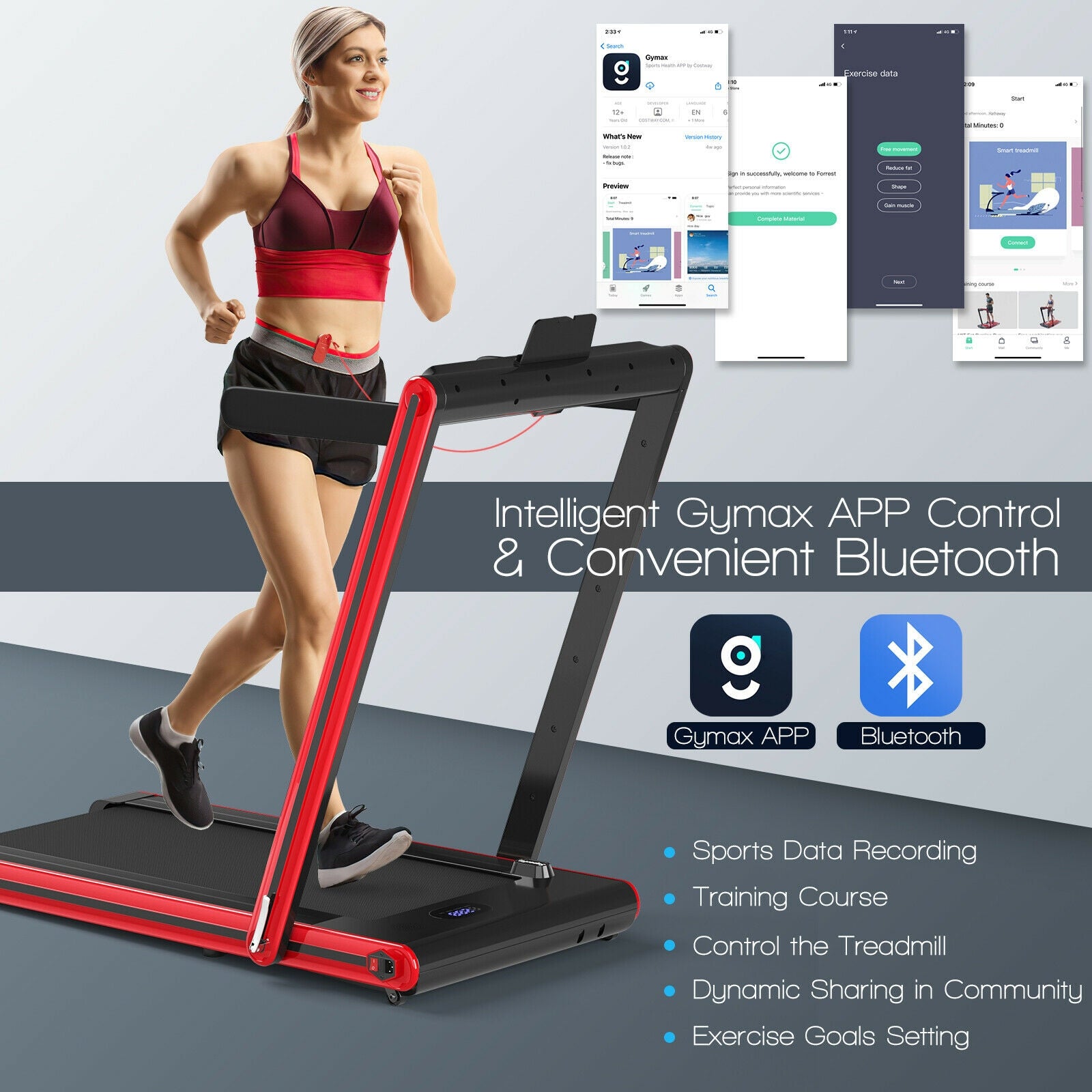 2-in-1 Folding Treadmill 2.25HP Jogging Machine with Dual LED Display-Red 