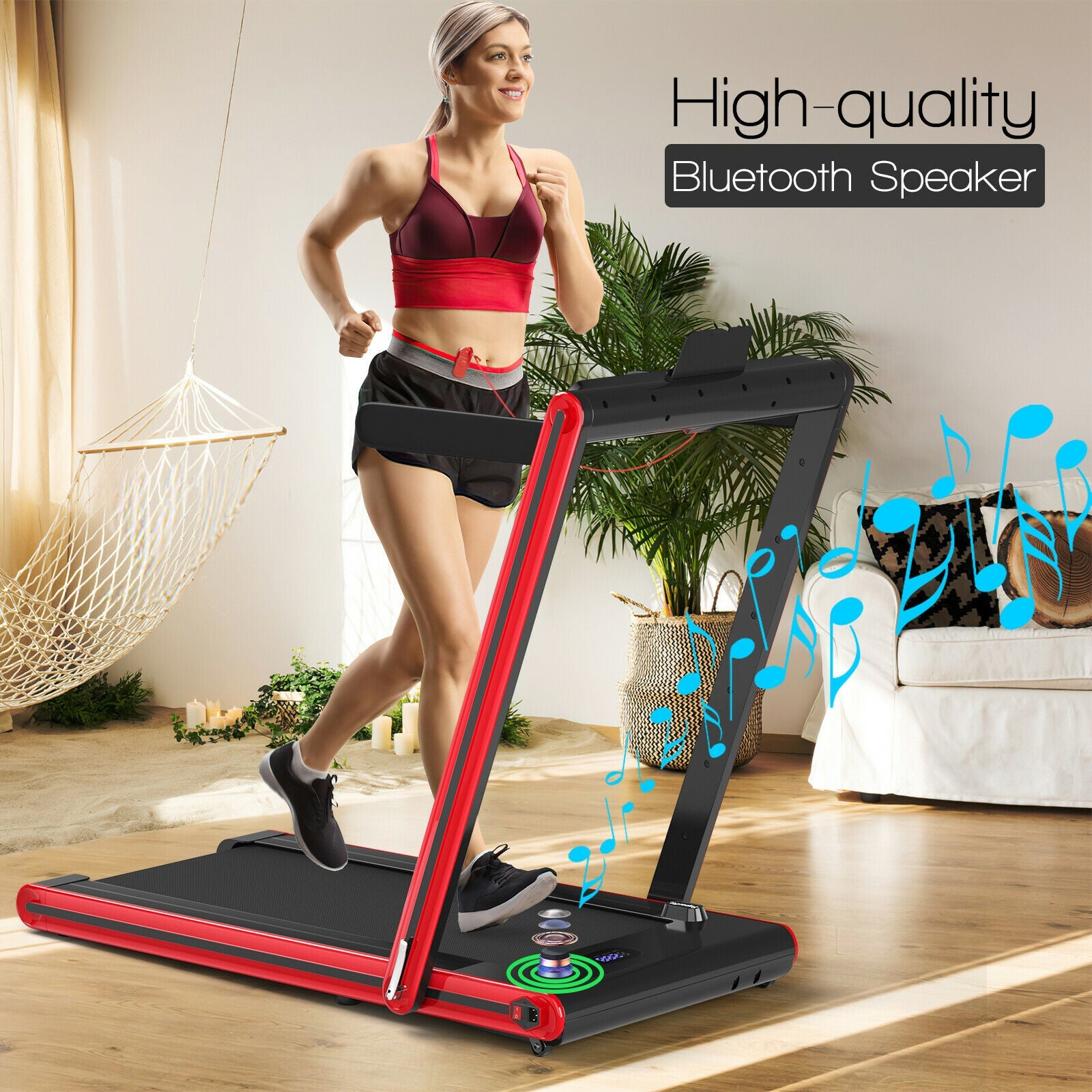 2-in-1 Folding Treadmill 2.25HP Jogging Machine with Dual LED Display-Red 