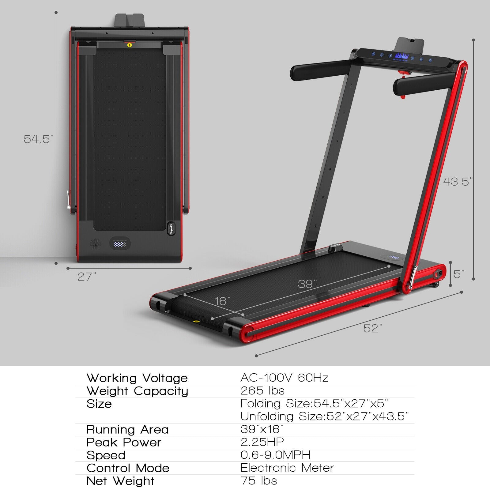 2-in-1 Folding Treadmill 2.25HP Jogging Machine with Dual LED Display-Red 