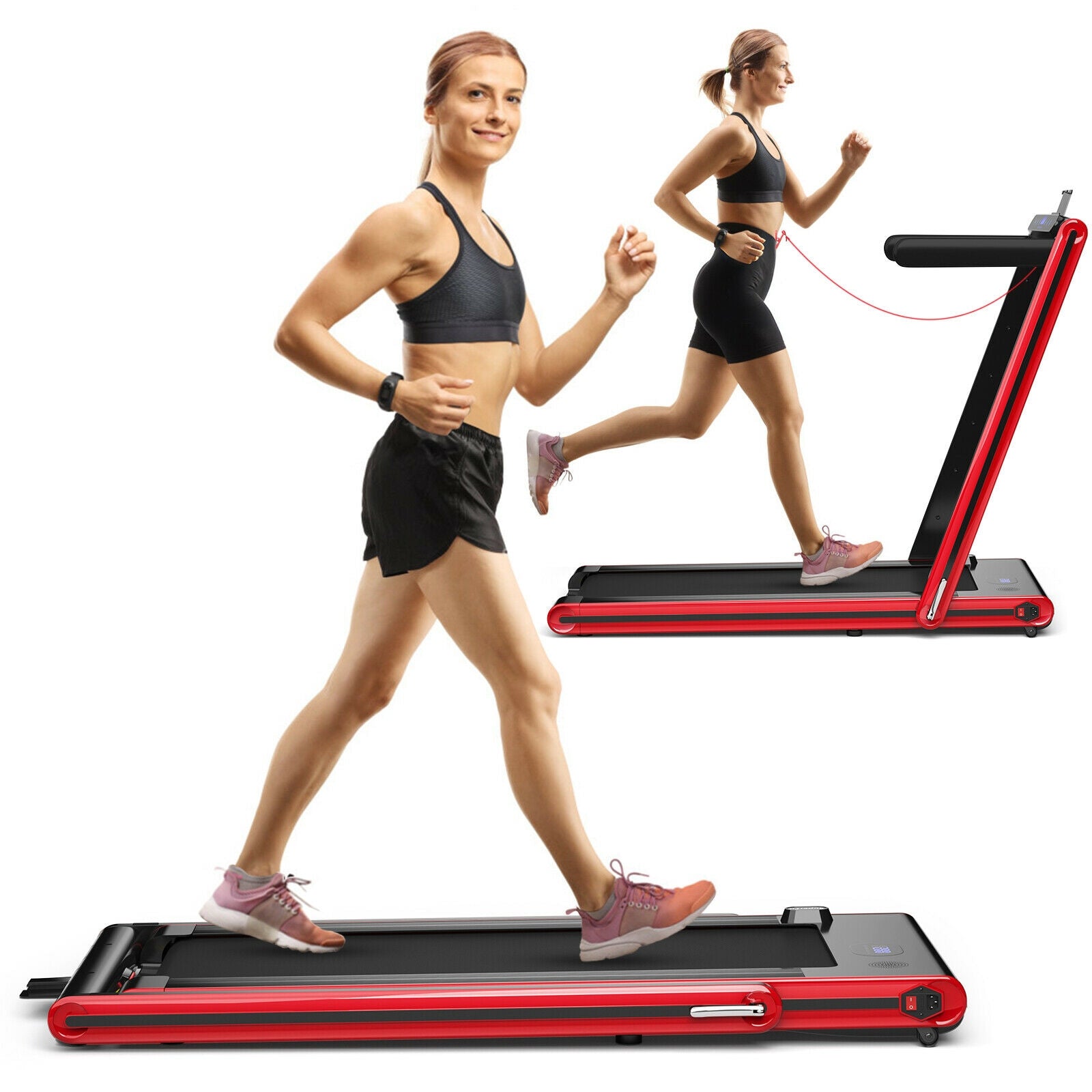 2-in-1 Folding Treadmill 2.25HP Jogging Machine with Dual LED Display-Red 