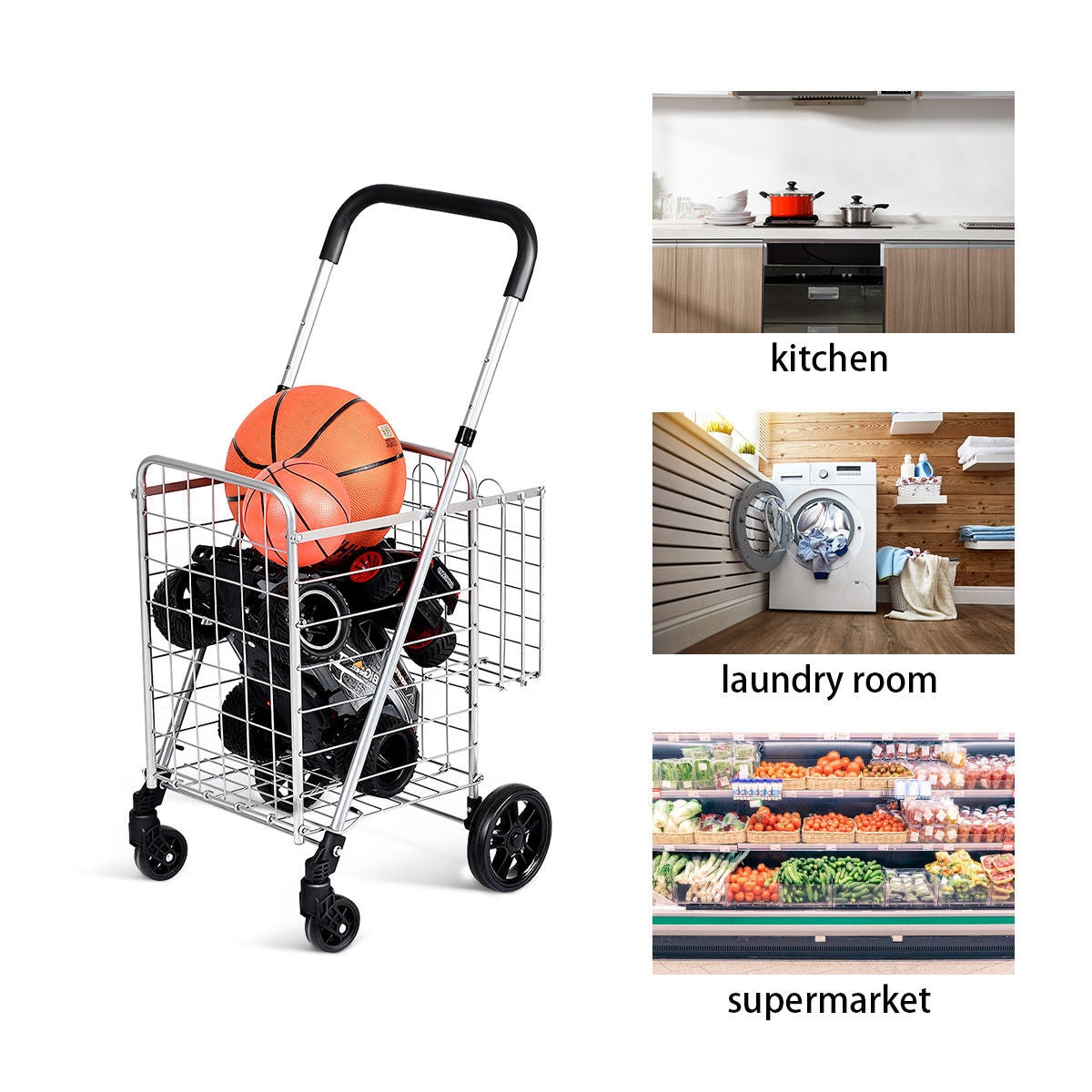 Folding Shopping Cart Basket Rolling Trolley with Adjustable Handle-SilverÂ 