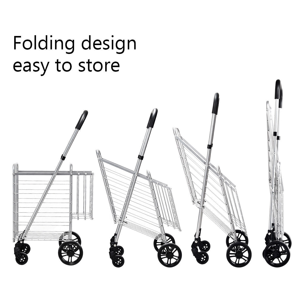 Folding Shopping Cart Basket Rolling Trolley with Adjustable Handle-SilverÂ 