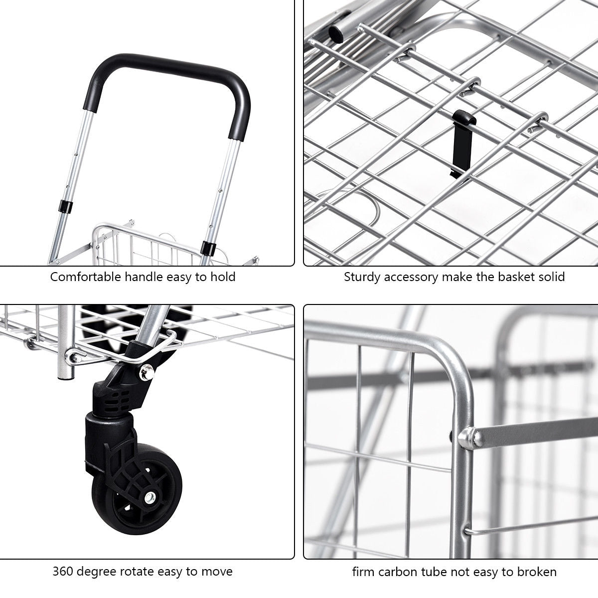 Folding Shopping Cart Basket Rolling Trolley with Adjustable Handle-SilverÂ 