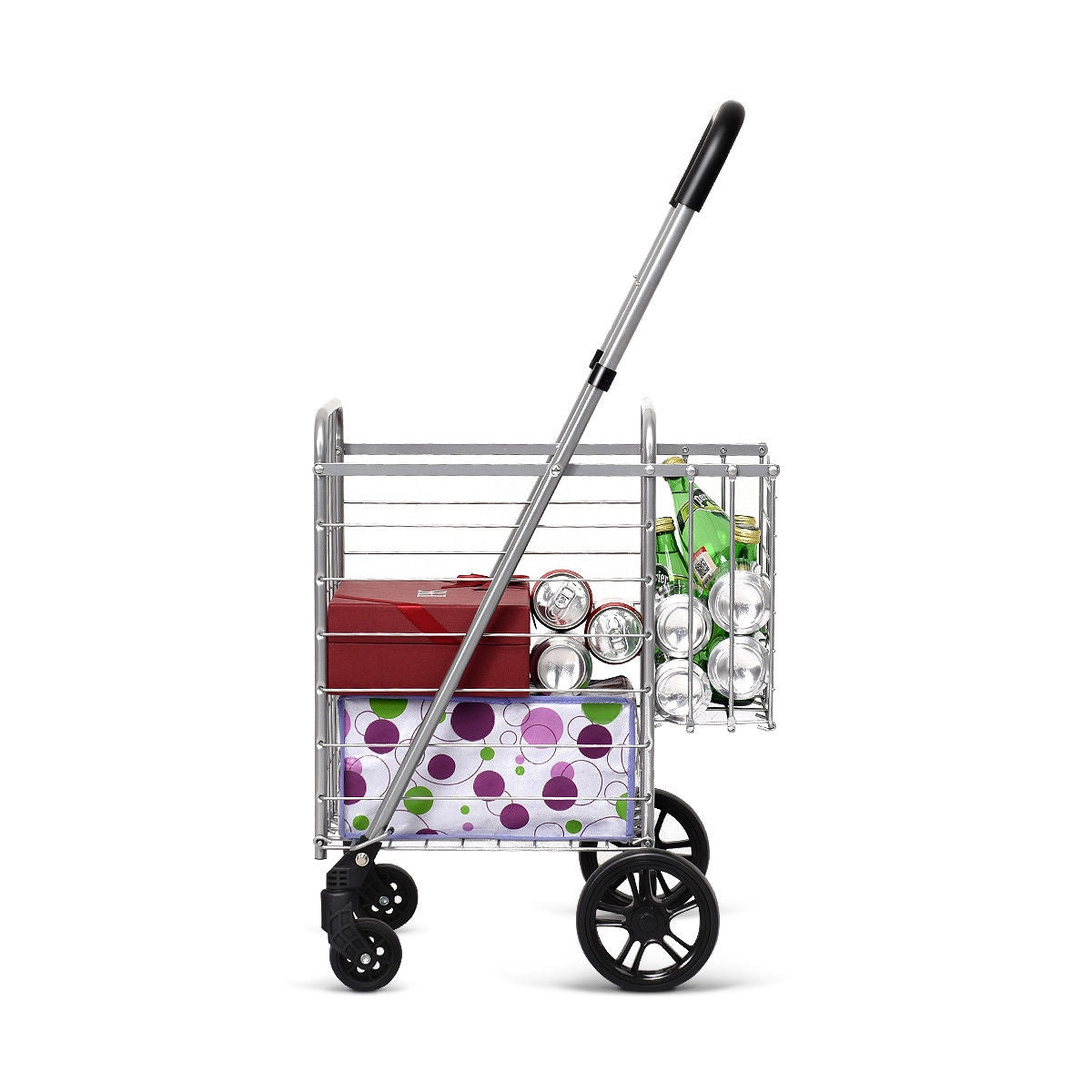 Folding Shopping Cart Basket Rolling Trolley with Adjustable Handle-SilverÂ 