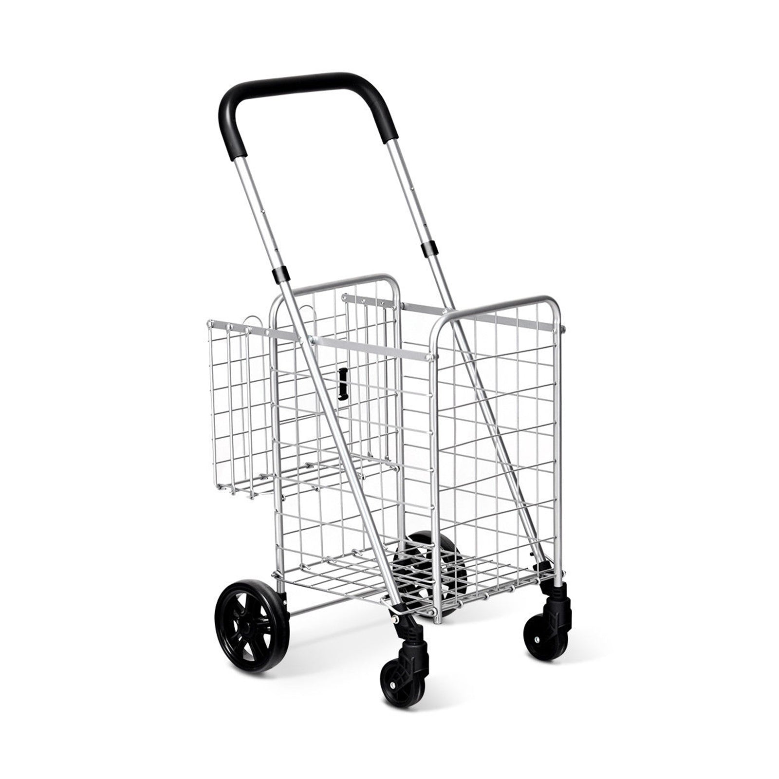 Folding Shopping Cart Basket Rolling Trolley with Adjustable Handle-SilverÂ 