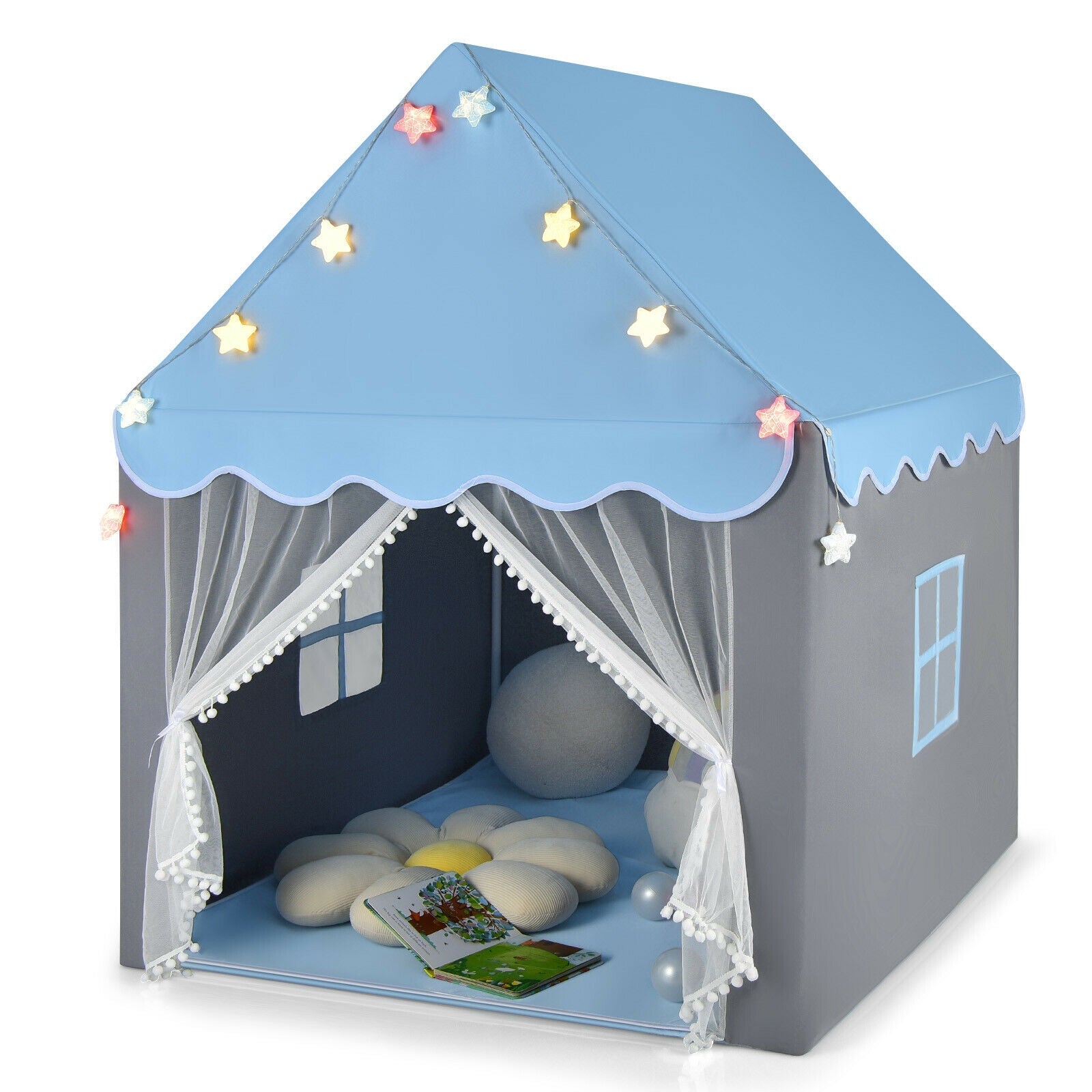 Kids Playhouse Tent with Star Lights and Mat-Blue 