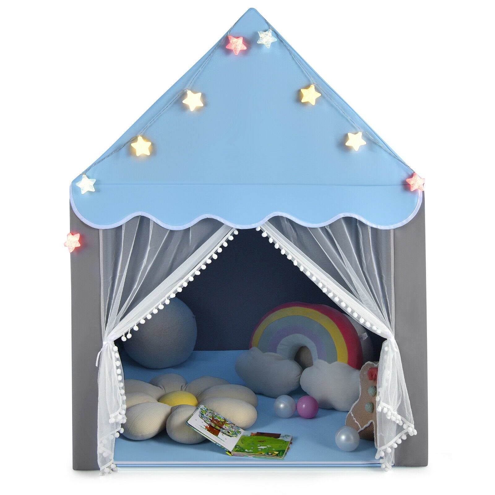 Kids Playhouse Tent with Star Lights and Mat-Blue 