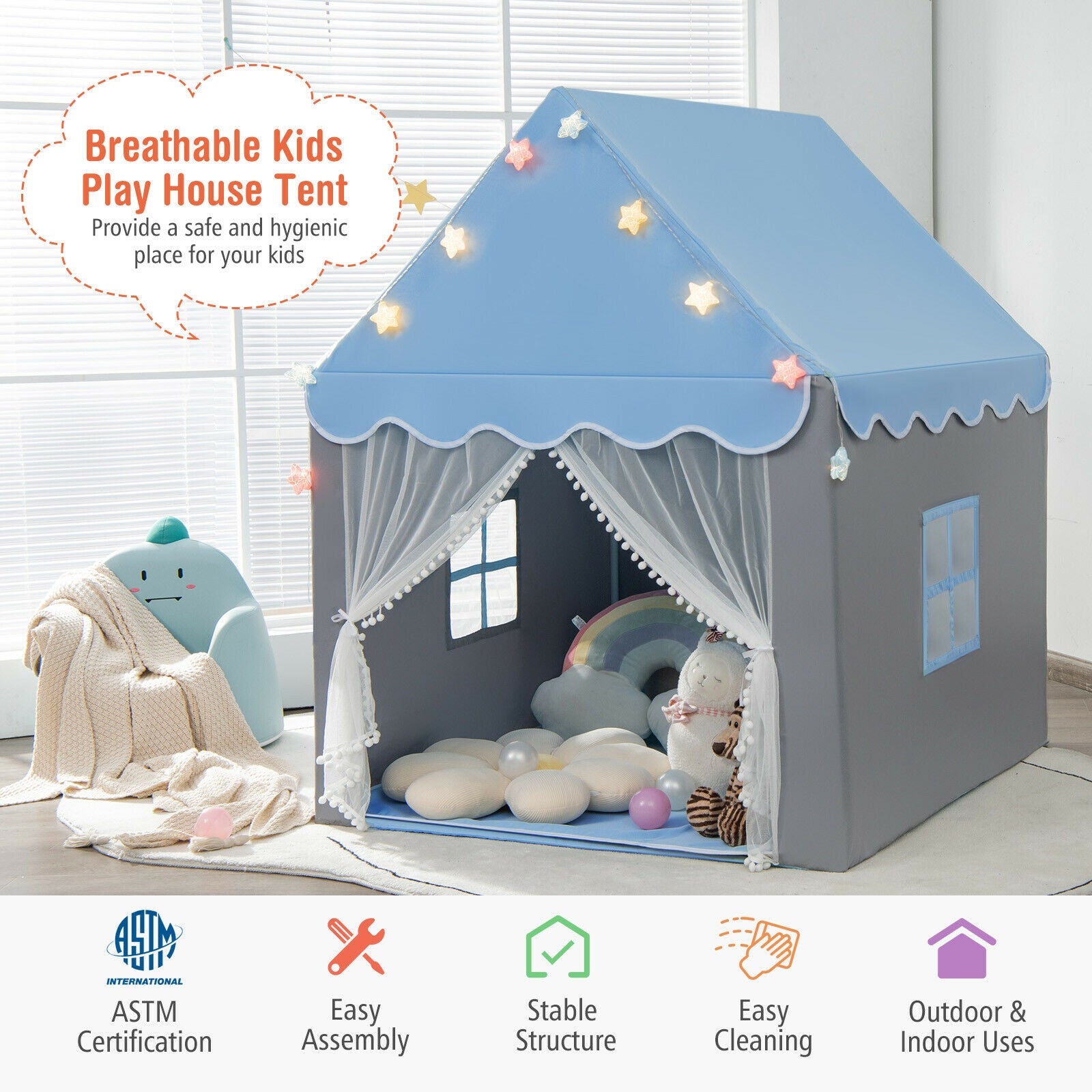 Kids Playhouse Tent with Star Lights and Mat-Blue