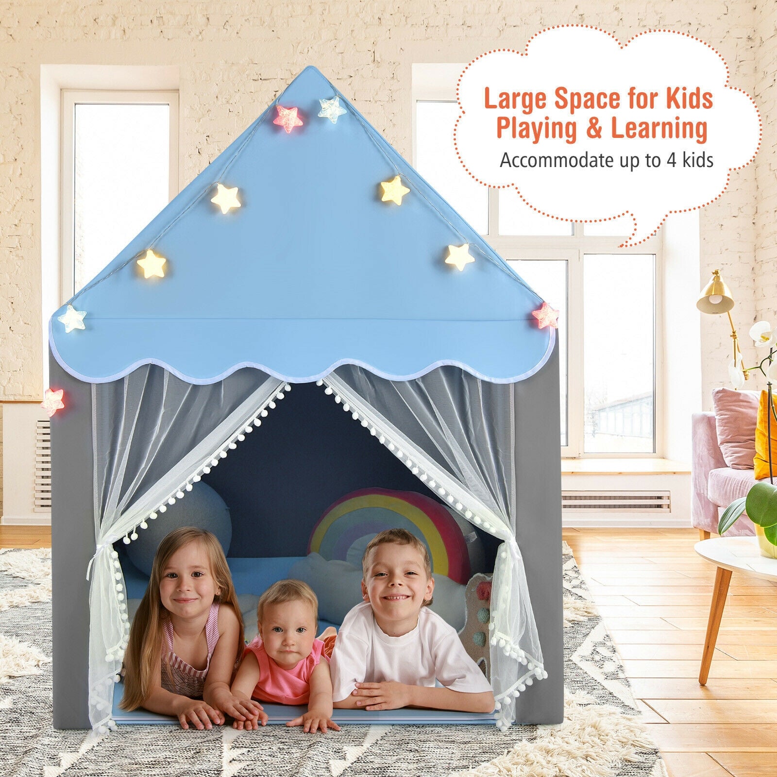 Kids Playhouse Tent with Star Lights and Mat-Blue 