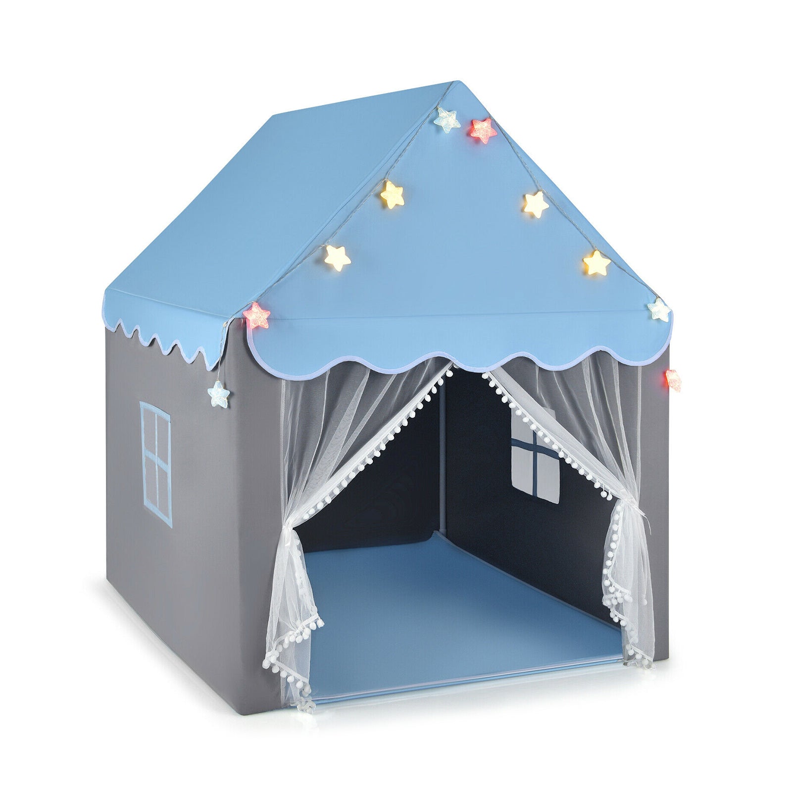 Kids Playhouse Tent with Star Lights and Mat-Blue