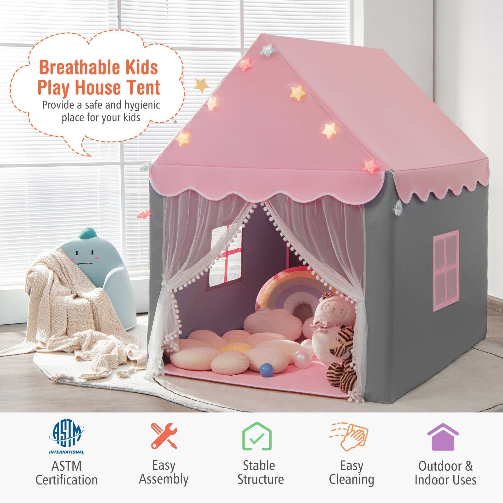 Kids Playhouse Tent with Star Lights and Mat-Pink 