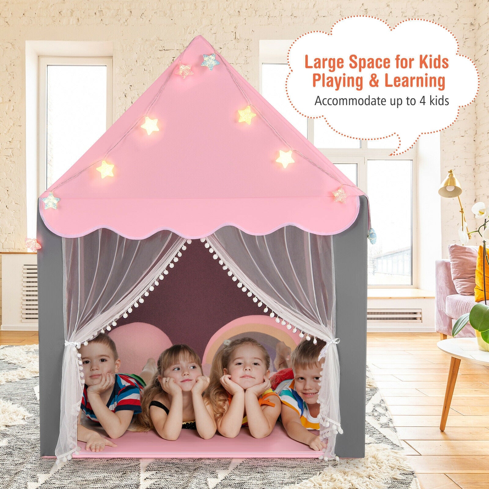 Kids Playhouse Tent with Star Lights and Mat-Pink