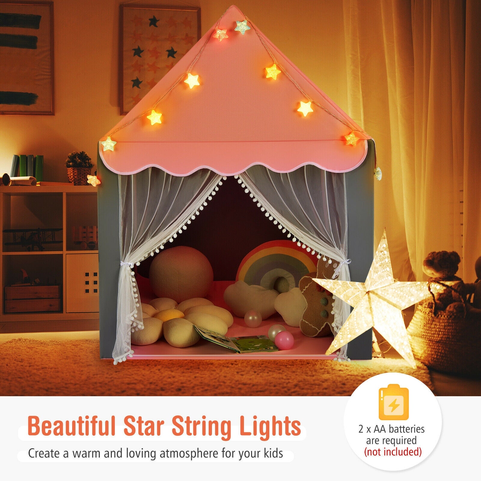 Kids Playhouse Tent with Star Lights and Mat-Pink