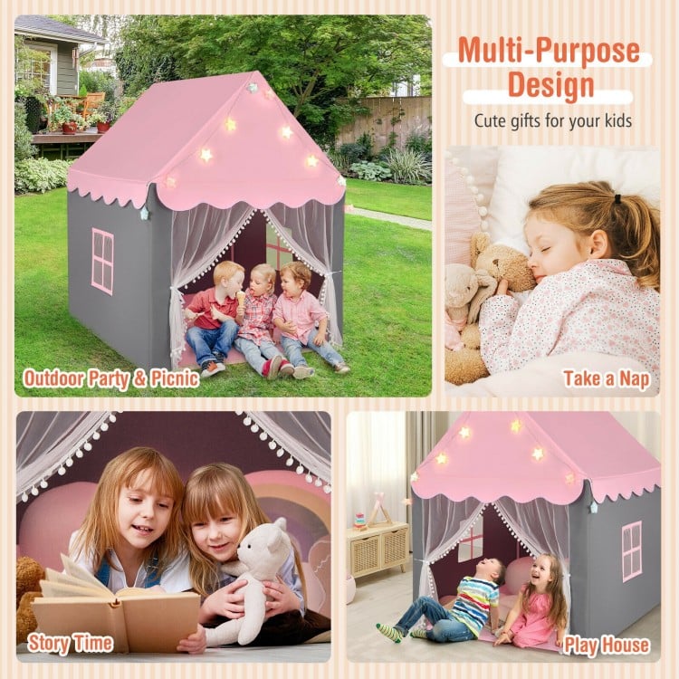 Kids Playhouse Tent with Star Lights and Mat-Beige