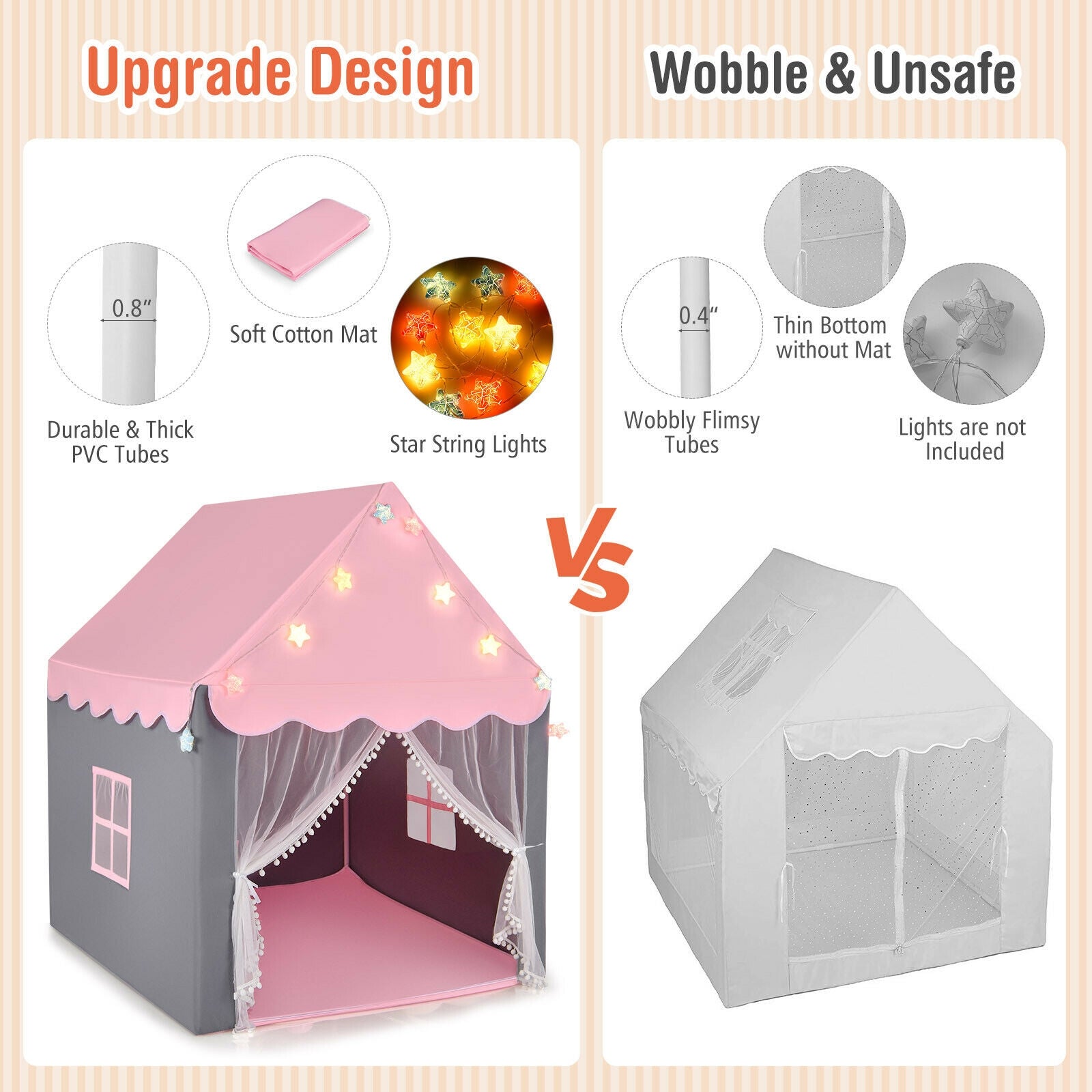 Kids Playhouse Tent with Star Lights and Mat-Pink