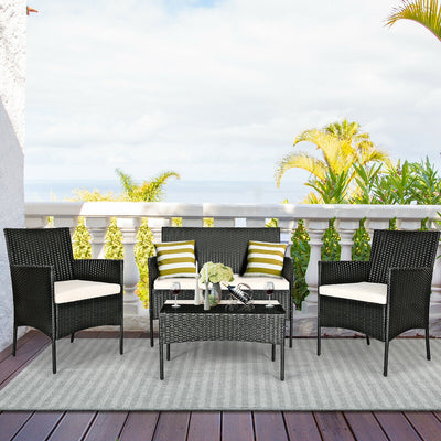4 Pcs Patio Rattan Cushioned Sofa Furniture Set-WhiteÂ 