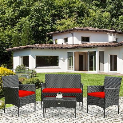 4 Pcs Patio Rattan Cushioned Sofa Furniture Set with Tempered Glass Coffee Table-RedÂ 