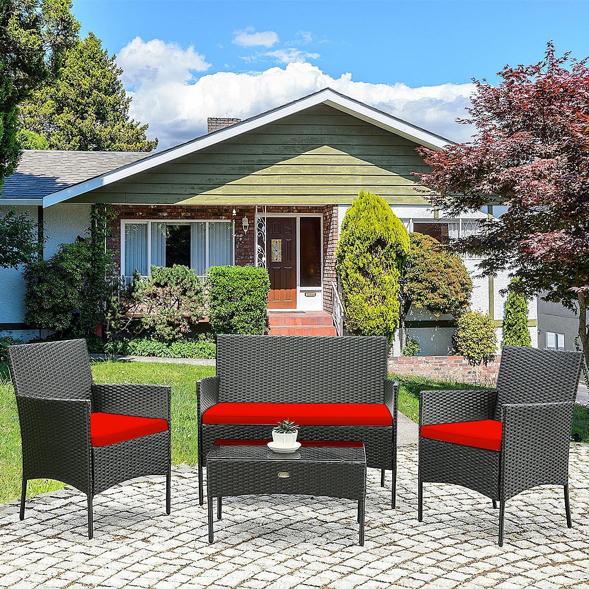 4 Pcs Patio Rattan Cushioned Sofa Furniture Set with Tempered Glass Coffee Table-Red