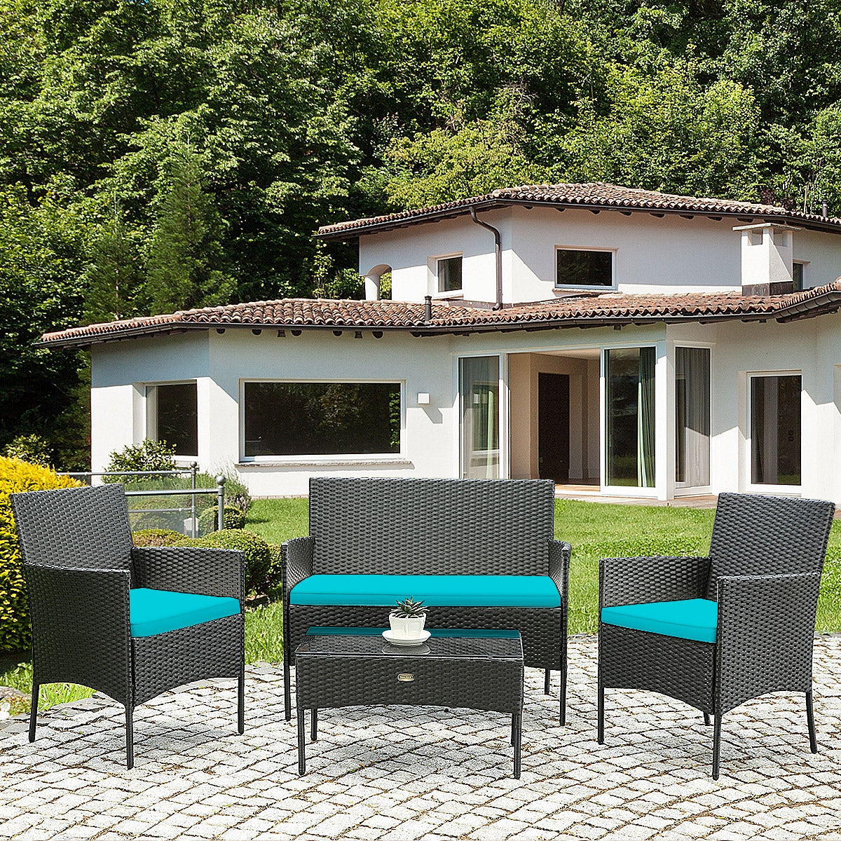 4 Pcs Patio Rattan Cushioned Sofa Furniture Set with Tempered Glass Coffee Table-Turquoise