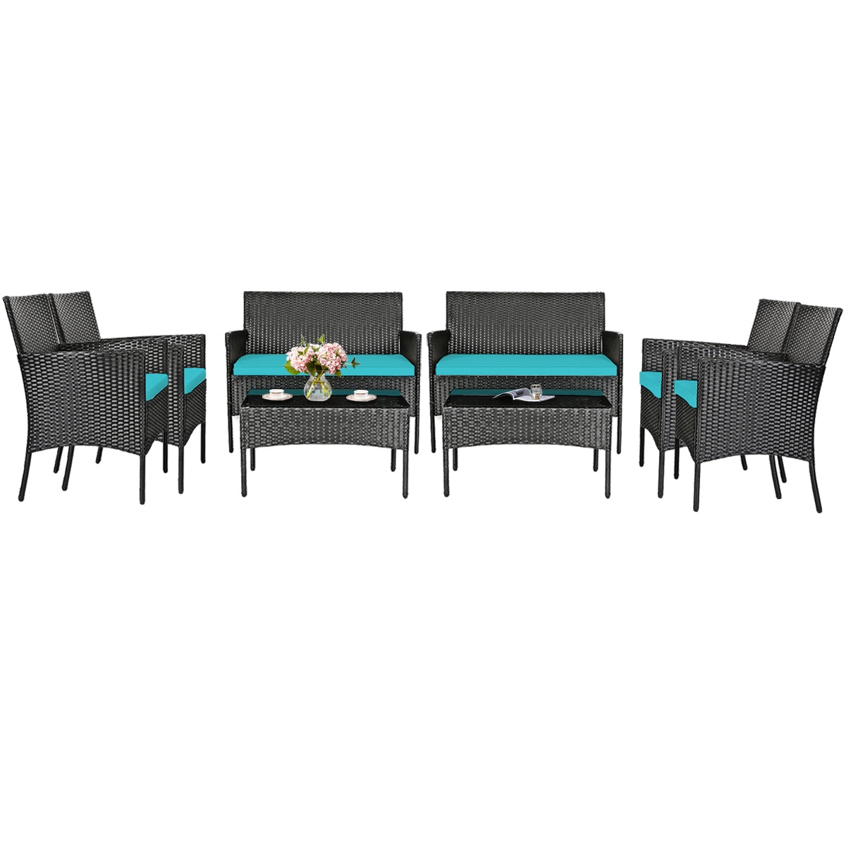 4 Pcs Patio Rattan Cushioned Sofa Furniture Set with Tempered Glass Coffee Table-Turquoise