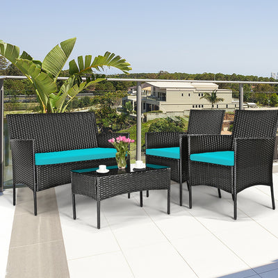 4 Pcs Patio Rattan Cushioned Sofa Furniture Set with Tempered Glass Coffee Table-TurquoiseÂ 