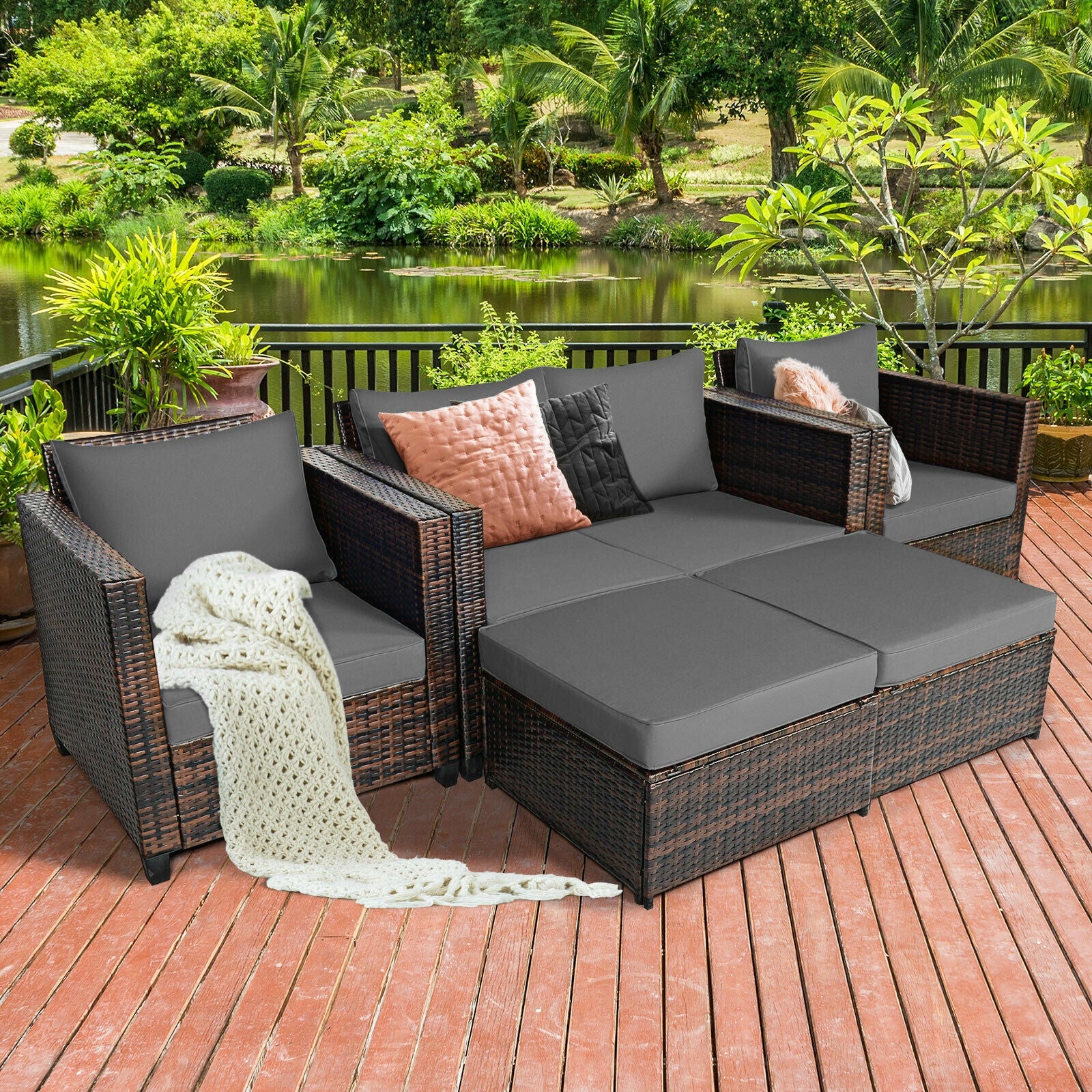 5 Pieces Patio Cushioned Rattan Furniture Set-Gray 