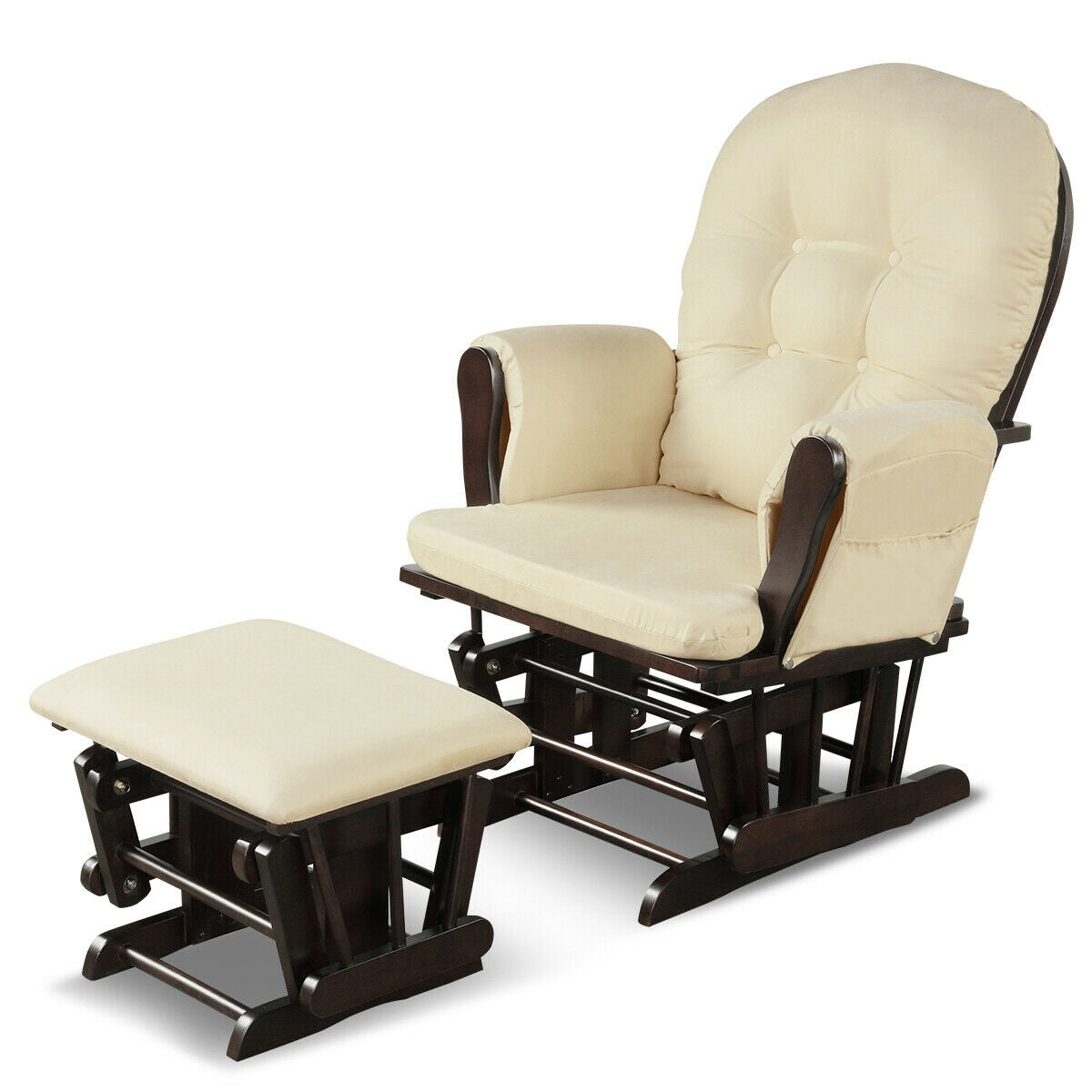 Wood Glider and Ottoman Set with Padded Armrests and Detachable Cushion-Beige