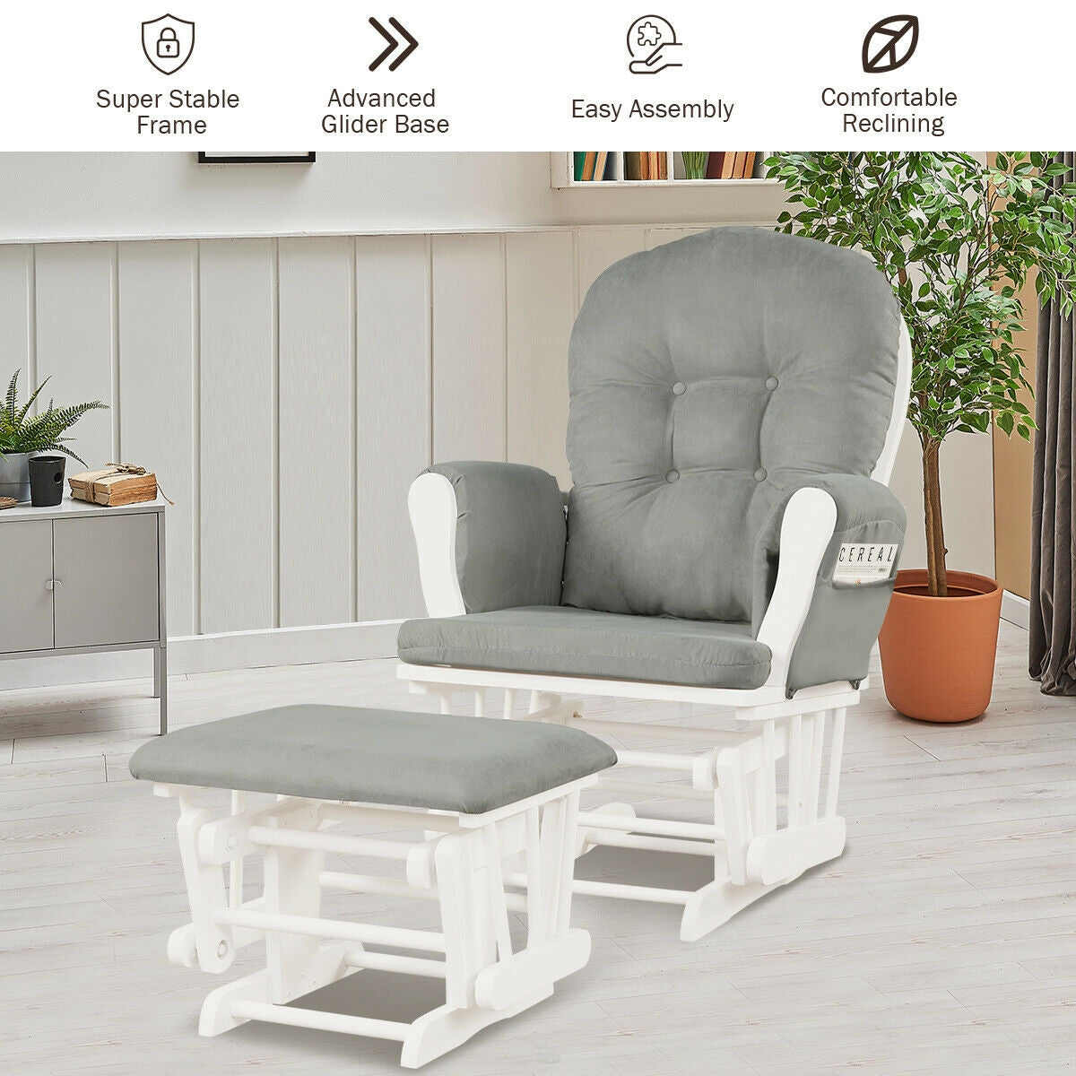 Wood Glider and Ottoman Set with Padded Armrests and Detachable Cushion-Light Gray