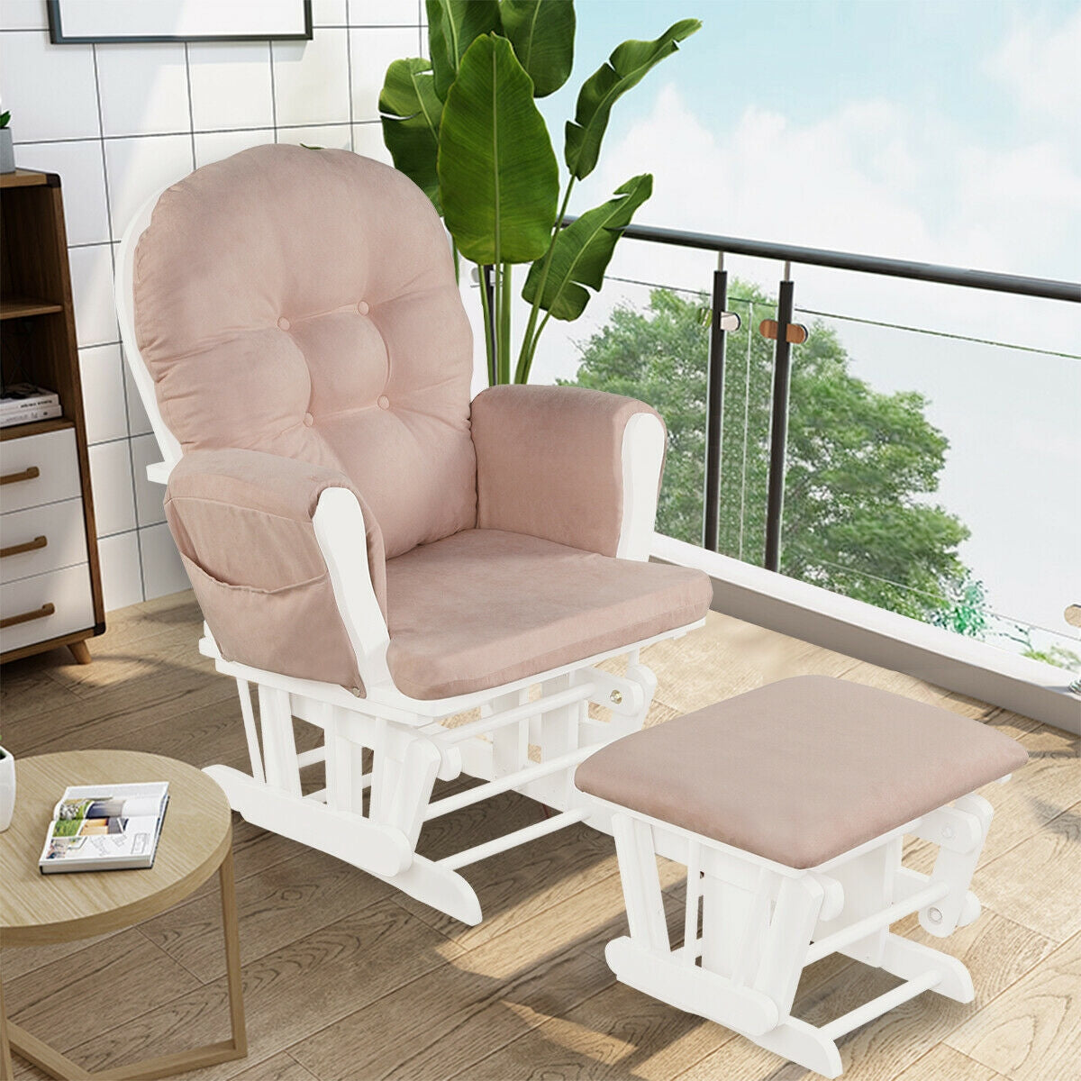 Wood Glider and Ottoman Set with Padded Armrests and Detachable Cushion-Pink