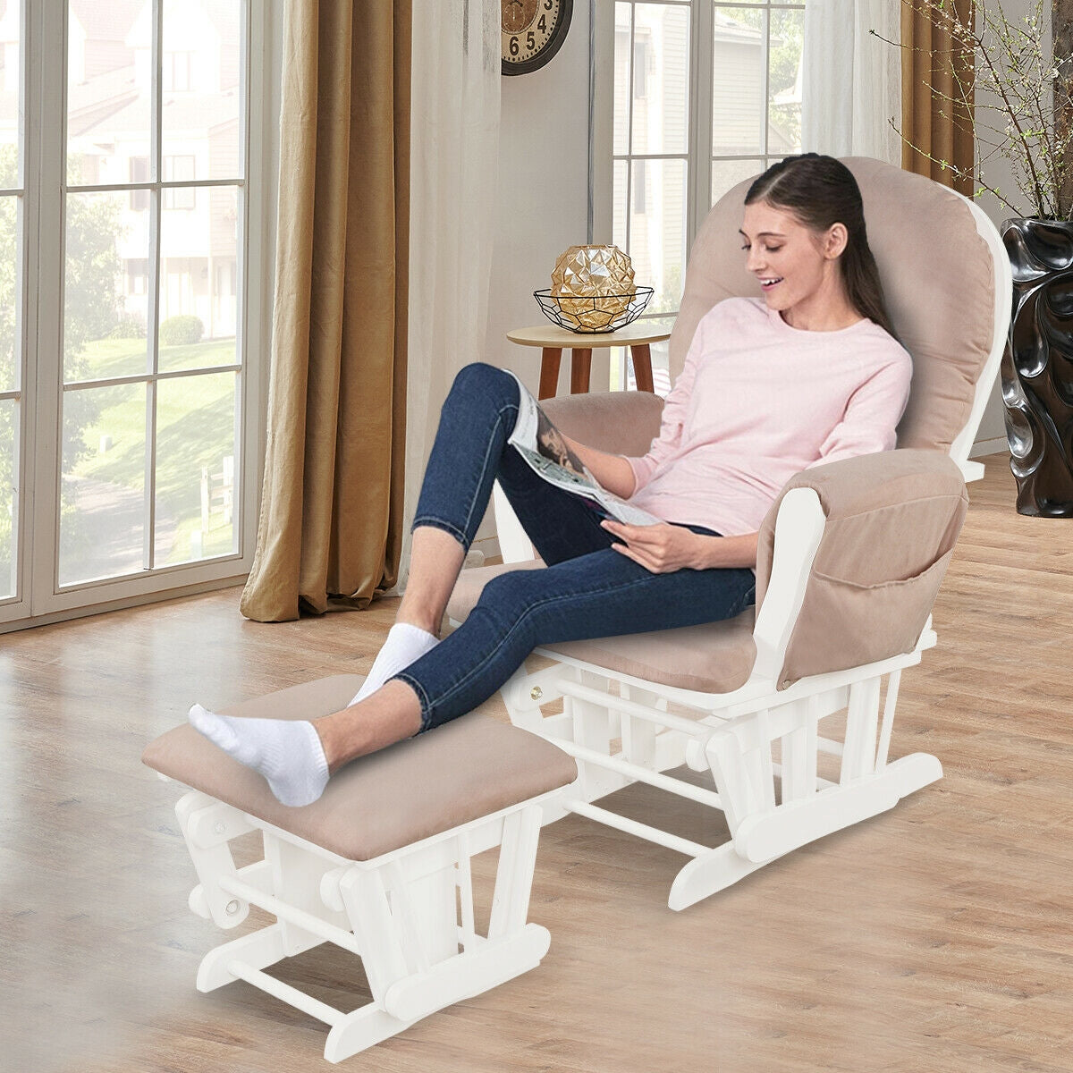 Wood Glider and Ottoman Set with Padded Armrests and Detachable Cushion-PinkÂ 