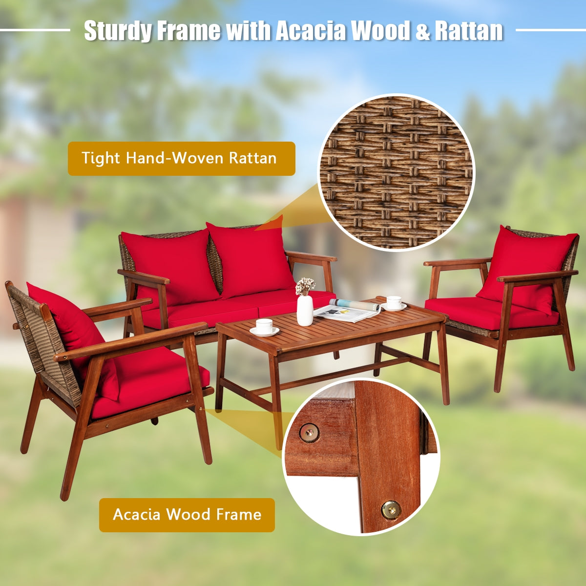 4 Piece  Acacia Wood Patio Rattan Furniture Set-Red