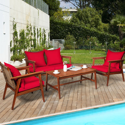 4 Piece  Acacia Wood Patio Rattan Furniture Set-Red 