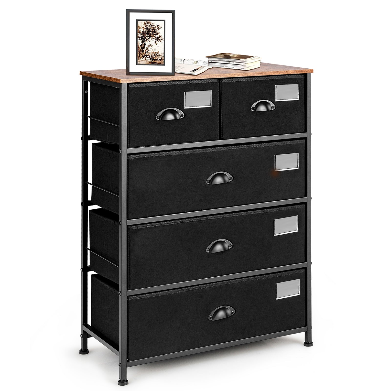 5-Drawer Storage Dresser with Labels and Removable Fabric Bins-Black